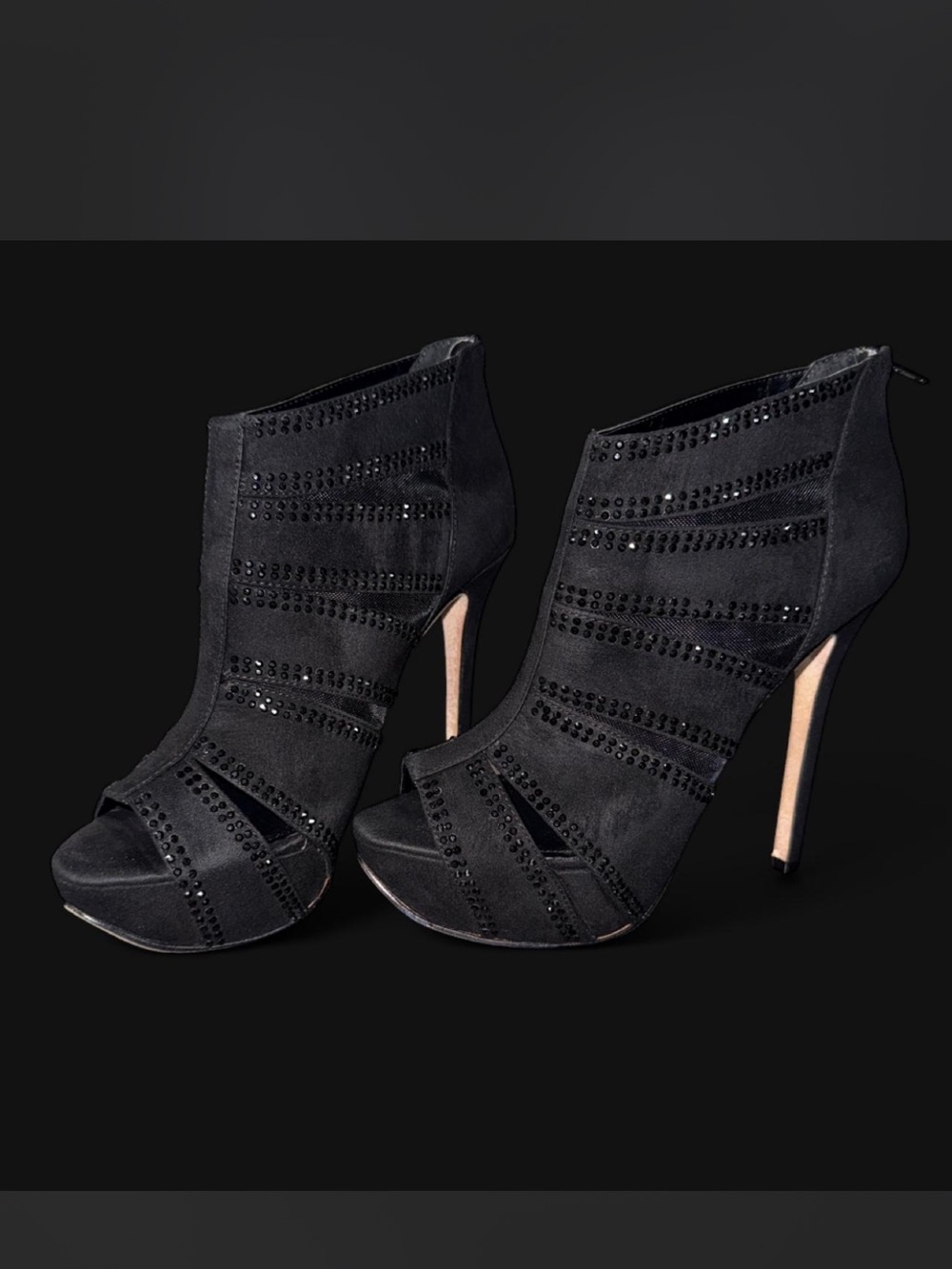 Aldo Black Suede Peep-Toe Strappy Stiletto Booties